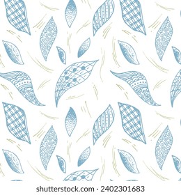 Abstract pattern of leaves and smooth lines for fabric, decoration, banner, design, website, textile. Vector image.