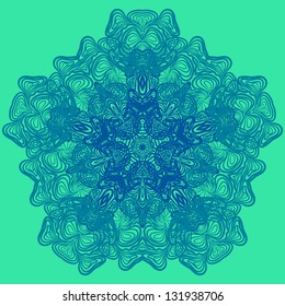 Abstract pattern like as blue crocheting serviette against light green background