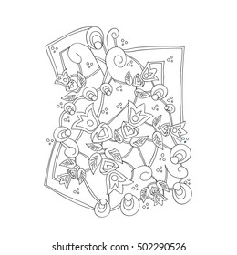 Abstract pattern with lily flowers. Black outline. Illustration on a white background. Hand drawn sketch.