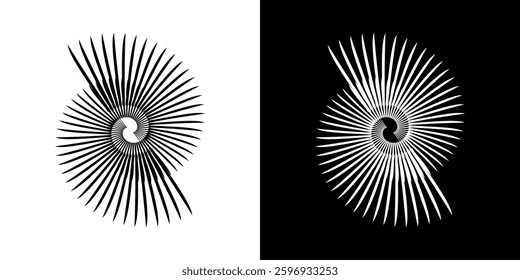 Abstract pattern of lines in circles. Spiral art design as a logo or icon. A black image on a white background and the same white image on a black side. Mandala Line. Abstract spiral sound wave rhythm