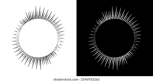 Abstract pattern of lines in circles. Spiral art design as a logo or icon. A black image on a white background and the same white image on a black side. Mandala Line. Abstract spiral sound wave rhythm