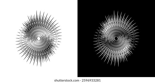 Abstract pattern of lines in circles. Spiral art design as a logo or icon. A black image on a white background and the same white image on a black side. Mandala Line. Abstract spiral sound wave rhythm