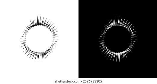 Abstract pattern of lines in circles. Spiral art design as a logo or icon. A black image on a white background and the same white image on a black side. Mandala Line. Abstract spiral sound wave rhythm