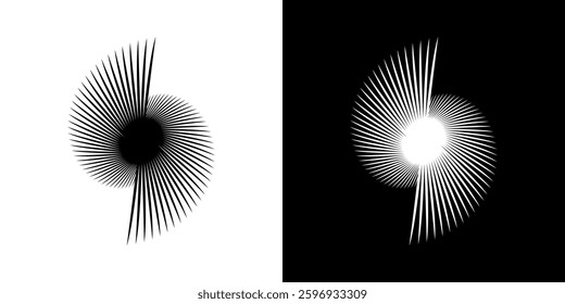 Abstract pattern of lines in circles. Spiral art design as a logo or icon. A black image on a white background and the same white image on a black side. Mandala Line. Abstract spiral sound wave rhythm
