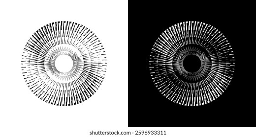 Abstract pattern of lines in circles. Spiral art design as a logo or icon. A black image on a white background and the same white image on a black side. Mandala Line. Abstract spiral sound wave rhythm