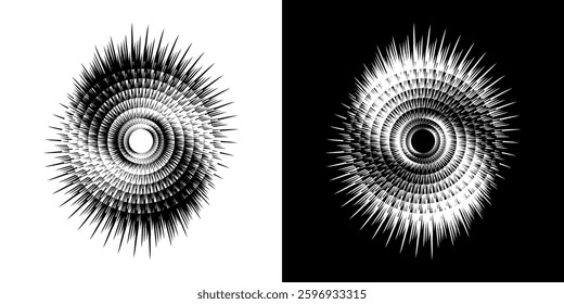 Abstract pattern of lines in circles. Spiral art design as a logo or icon. A black image on a white background and the same white image on a black side. Mandala Line. Abstract spiral sound wave rhythm