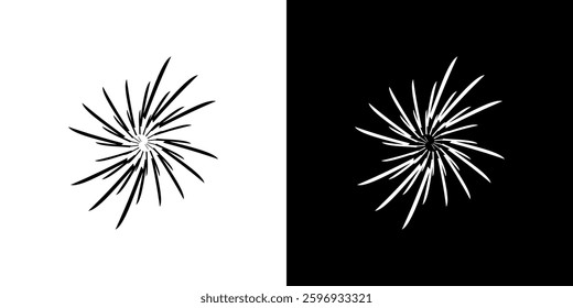 Abstract pattern of lines in circles. Spiral art design as a logo or icon. A black image on a white background and the same white image on a black side. Mandala Line. Abstract spiral sound wave rhythm