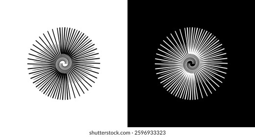Abstract pattern of lines in circles. Spiral art design as a logo or icon. A black image on a white background and the same white image on a black side. Mandala Line. Abstract spiral sound wave rhythm