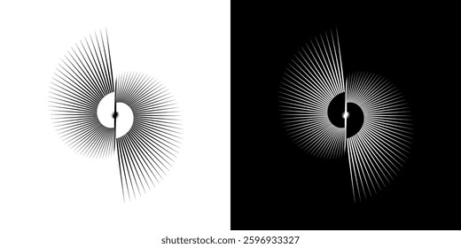 Abstract pattern of lines in circles. Spiral art design as a logo or icon. A black image on a white background and the same white image on a black side. Mandala Line. Abstract spiral sound wave rhythm