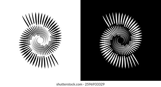 Abstract pattern of lines in circles. Spiral art design as a logo or icon. A black image on a white background and the same white image on a black side. Mandala Line. Abstract spiral sound wave rhythm