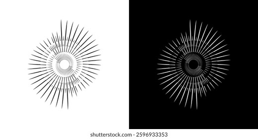 Abstract pattern of lines in circles. Spiral art design as a logo or icon. A black image on a white background and the same white image on a black side. Mandala Line. Abstract spiral sound wave rhythm