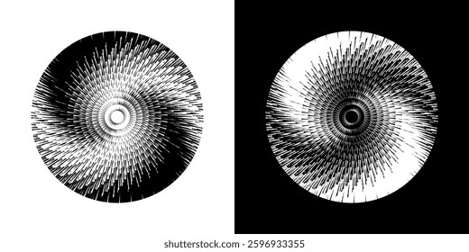 Abstract pattern of lines in circles. Spiral art design as a logo or icon. A black image on a white background and the same white image on a black side. Mandala Line. Abstract spiral sound wave rhythm