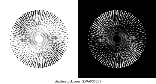 Abstract pattern of lines in circles. Spiral art design as a logo or icon. A black image on a white background and the same white image on a black side. Mandala Line. Abstract spiral sound wave rhythm