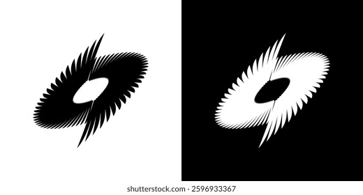 Abstract pattern of lines in circles. Spiral art design as a logo or icon. A black image on a white background and the same white image on a black side. Mandala Line. Abstract spiral sound wave rhythm