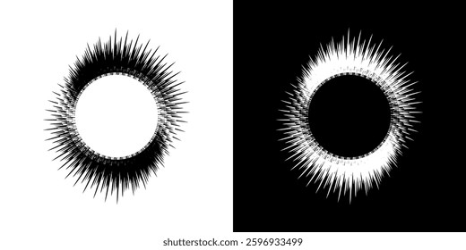 Abstract pattern of lines in circles. Spiral art design as a logo or icon. A black image on a white background and the same white image on a black side. Mandala Line. Abstract spiral sound wave rhythm
