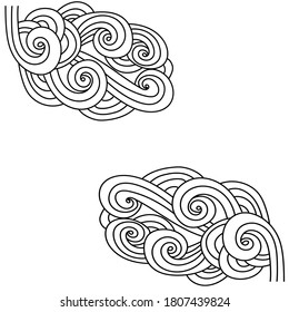 Abstract pattern of lines and curls, a corner frame or decorative element for coloring the antistress page, arcs and waves in a smooth weave, vector outline illustration for design and creativity