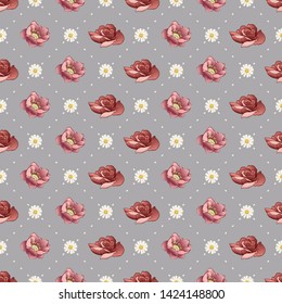 Abstract pattern with lines. Vector, fabric seamless background with hand drawn elements. White daisies. daisy, flower, pink, leave