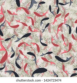 Abstract pattern with lines. Vector, fabric seamless background with hand drawn elements. Beautiful red fish. Oriental motif. Chinese painting