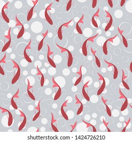 Abstract pattern with lines. Vector, fabric seamless background with hand drawn elements. Beautiful red fish. Oriental motif. Chinese painting