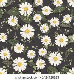 Abstract pattern with lines. Vector, fabric seamless background with hand drawn elements. White daisies. daisy, flower, pink, leave