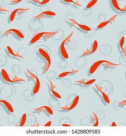 Abstract pattern with lines. Vector, fabric seamless background with hand drawn elements. Beautiful red fish. Oriental motif. Chinese painting