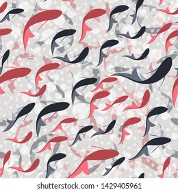 Abstract pattern with lines. Vector, fabric seamless background with hand drawn elements. Beautiful red fish. Oriental motif. Chinese painting