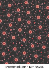 Abstract pattern made of circles and floral elements in red,pink and gray with small white and yellow details