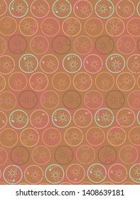Abstract pattern made of circles and floral elements in warm, earthy colors.