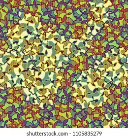 Abstract pattern made of five-pointed stars. Camouflage texture. Multicolored background. A cover made of a chess striped network.