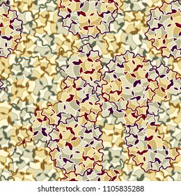 Abstract pattern made of five-pointed stars. Camouflage texture. Multicolored background. A cover made of a chess striped network.