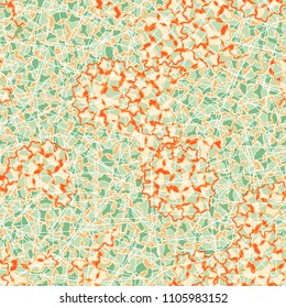 Abstract pattern made of five-pointed stars. Camouflage texture. Multicolored background. A network of chaotically arranged squares is thrown at the drawing.