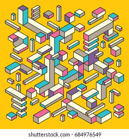 Abstract pattern made of isometric objects in intense colors. Vector illustration.