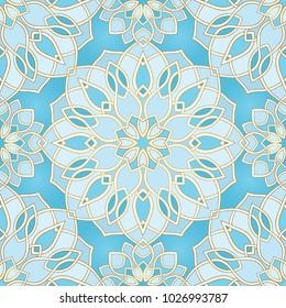 Abstract pattern with mandala. Seamless filigree ornament. Blue template for wallpaper, textile, shawl, carpet. 