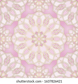 Abstract pattern with mandala. Seamless filigree ornament. Pink template for wallpaper, textile, shawl, carpet.