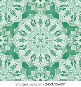 Abstract pattern with mandala. Seamless filigree ornament. Green template for wallpaper, textile, shawl, carpet.