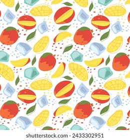 Abstract pattern with mango and ice cube pattern in flat style. Vector background. Fresh Seamless pattern. Summer time print. For vape, juice or ice cream background.