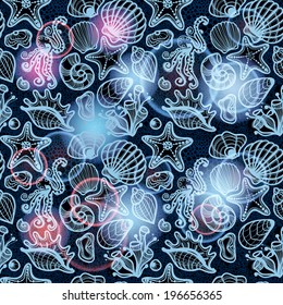Abstract pattern of marine life. Shells, octopus, seaweed, starfish, seamless pattern for summer, for backgrounds, decorations, site