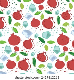 Abstract pattern with mint, pomegranate and ice cube pattern in flat style. Lemonade wallpaper. Vector background. Fresh Seamless pattern. Summer time print.