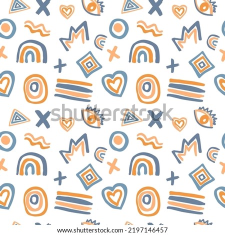 Abstract pattern. Miscellaneous shapes. Seamless fabric pattern. Abstract figures. Blue. Orange. Triangle. Heart. Eye. Square. A circle.