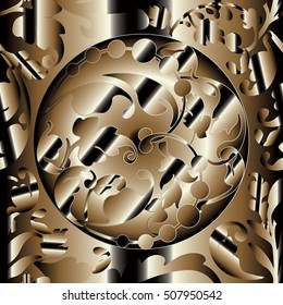 Abstract pattern. Modern abstract damask floral vector seamless pattern background wallpaper with vintage decorative black and gold 3d baroque flowers, leaves, ornaments.Seamless pattern.3d abstract