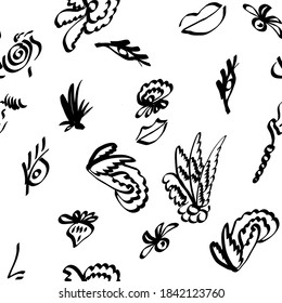 abstract pattern, modern design. black and white. nose, mouth, eyes, flowers, leaves. doodle. print for fabric. cover design, backpack, hoodie. Modern aesthetic print, minimalism, contour graphics.