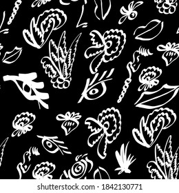 abstract pattern, modern design. white on a black background. nose, mouth, eyes, flowers, leaves. doodle. print for fabric. cover design, backpack, hoodie. Modern aesthetic print, minimalism, contour 
