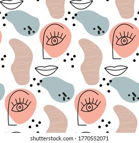 Patrón abstracto en estilo hipster moderno con cara de mujer de una línea. Textura interminable de moda, fondo. Ilustración del vector