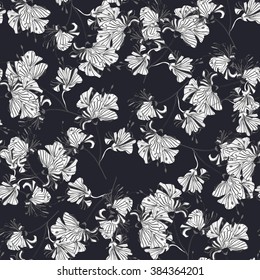 Abstract pattern with monochrome flowers on a dark background. Vector illustration.
