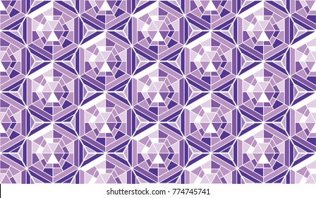 Abstraktes Muster im Mosaik-Stil aus Buntglasfenstern. Geometrischer Hintergrund auf violettem Hintergrund, Vektorgrafik. Konzept Dreieck- und Sechseckmuster für die Oberflächengestaltung.