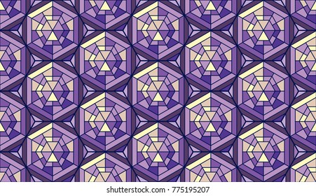 Abstract pattern in mosaic stained-glass window style. Geometry background in violet color vector illustration. Concept triangle and hexagon pattern for surface design.