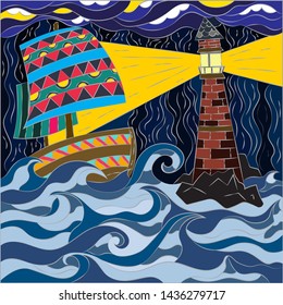 Abstract pattern in mosaic style. Vector graphics for wallpapers and covers. Raging ocean, sailing ship and bright big lighthouse.
