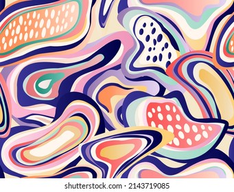 abstract pattern with multicolored hand drawn elements and funny background. Perfect for fabrics and decoration