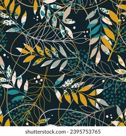 Abstract pattern with multicolored hand drawn leaves and lines. Modern pattern