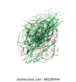 Abstract pattern of multicolored scrawl on a white background.